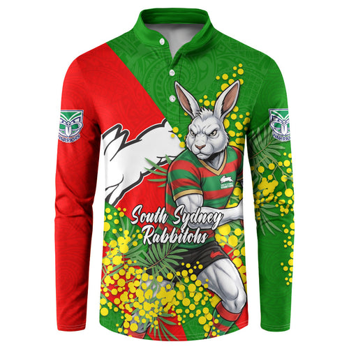 South Sydney Rabbitohs Button Sweatshirt Golden Wattle Floral Polynesian - Australian Flower - Rugby Mascot