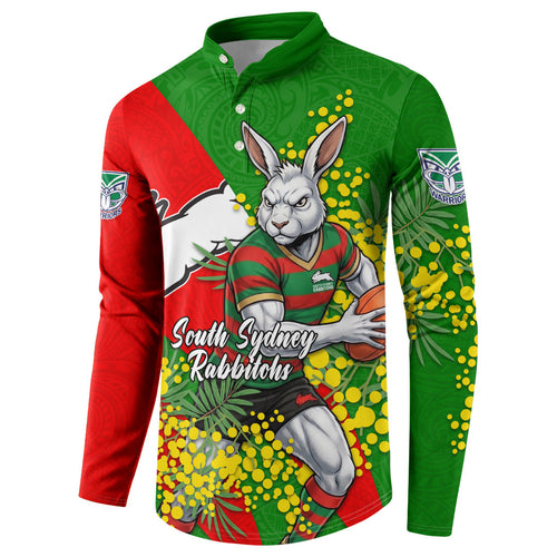 South Sydney Rabbitohs Button Sweatshirt Golden Wattle Floral Polynesian - Australian Flower - Rugby Mascot