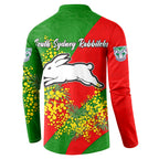 South Sydney Rabbitohs Button Sweatshirt Golden Wattle Floral Polynesian - Australian Flower - Rugby Mascot