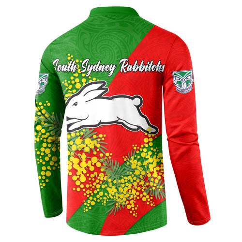 South Sydney Rabbitohs Button Sweatshirt Golden Wattle Floral Polynesian - Australian Flower - Rugby Mascot