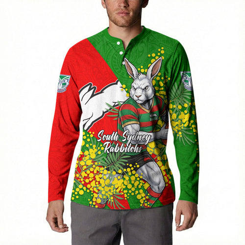 South Sydney Rabbitohs Button Sweatshirt Golden Wattle Floral Polynesian - Australian Flower - Rugby Mascot