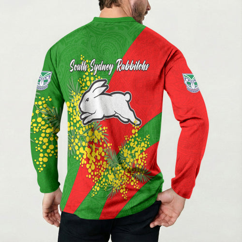 South Sydney Rabbitohs Button Sweatshirt Golden Wattle Floral Polynesian - Australian Flower - Rugby Mascot