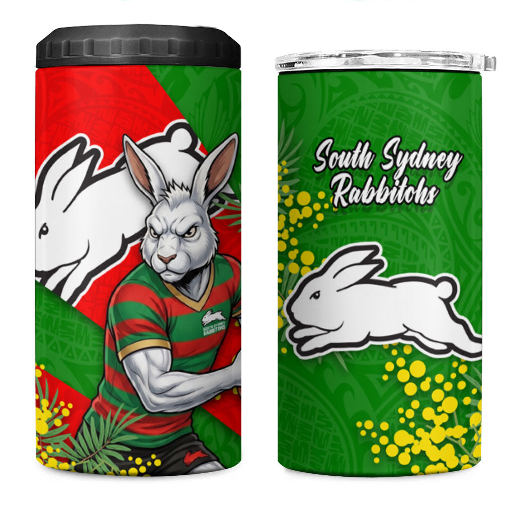 South Sydney Rabbitohs 4 in 1 Can Cooler Tumbler Golden Wattle Floral Polynesian - Australian Flower - Rugby Mascot