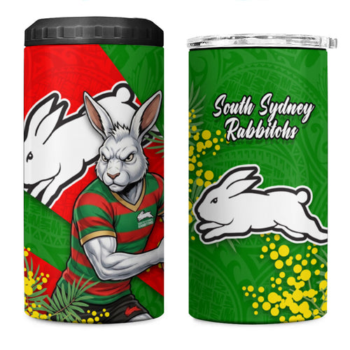 South Sydney Rabbitohs 4 in 1 Can Cooler Tumbler Golden Wattle Floral Polynesian - Australian Flower - Rugby Mascot