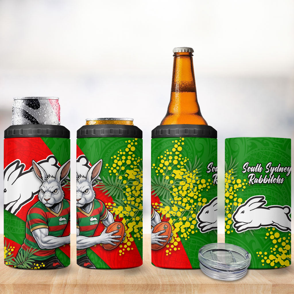South Sydney Rabbitohs 4 in 1 Can Cooler Tumbler Golden Wattle Floral Polynesian - Australian Flower - Rugby Mascot