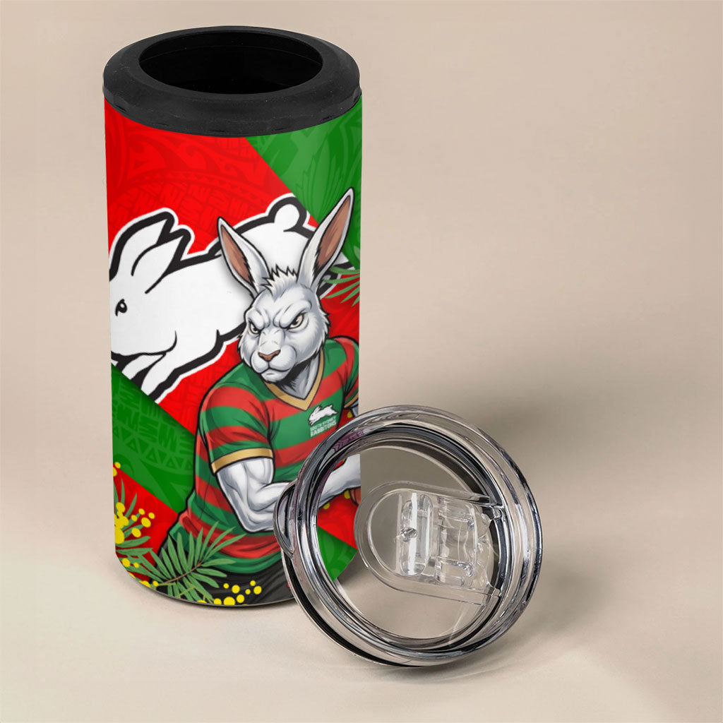 South Sydney Rabbitohs 4 in 1 Can Cooler Tumbler Golden Wattle Floral Polynesian - Australian Flower - Rugby Mascot