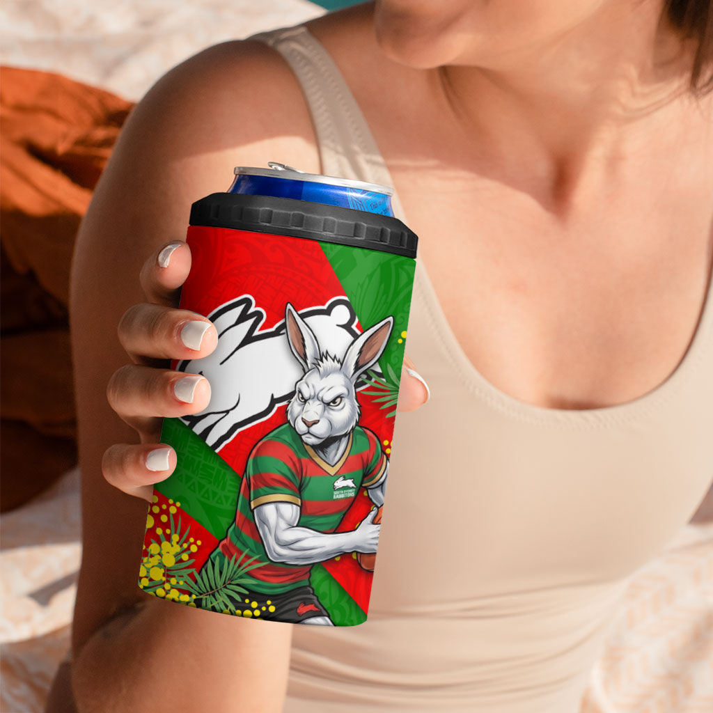 South Sydney Rabbitohs 4 in 1 Can Cooler Tumbler Golden Wattle Floral Polynesian - Australian Flower - Rugby Mascot