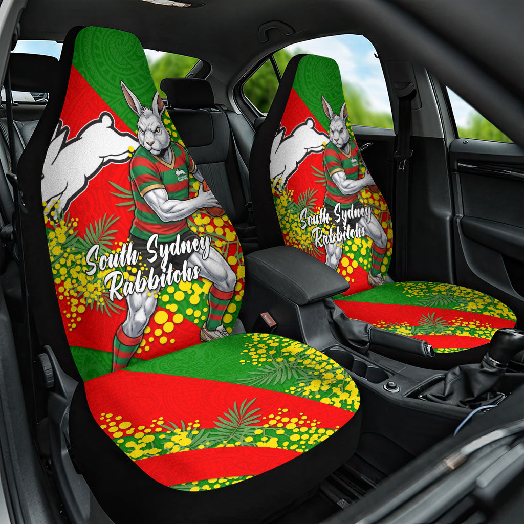 South Sydney Rabbitohs Car Seat Cover Golden Wattle Floral Polynesian - Australian Flower - Rugby Mascot