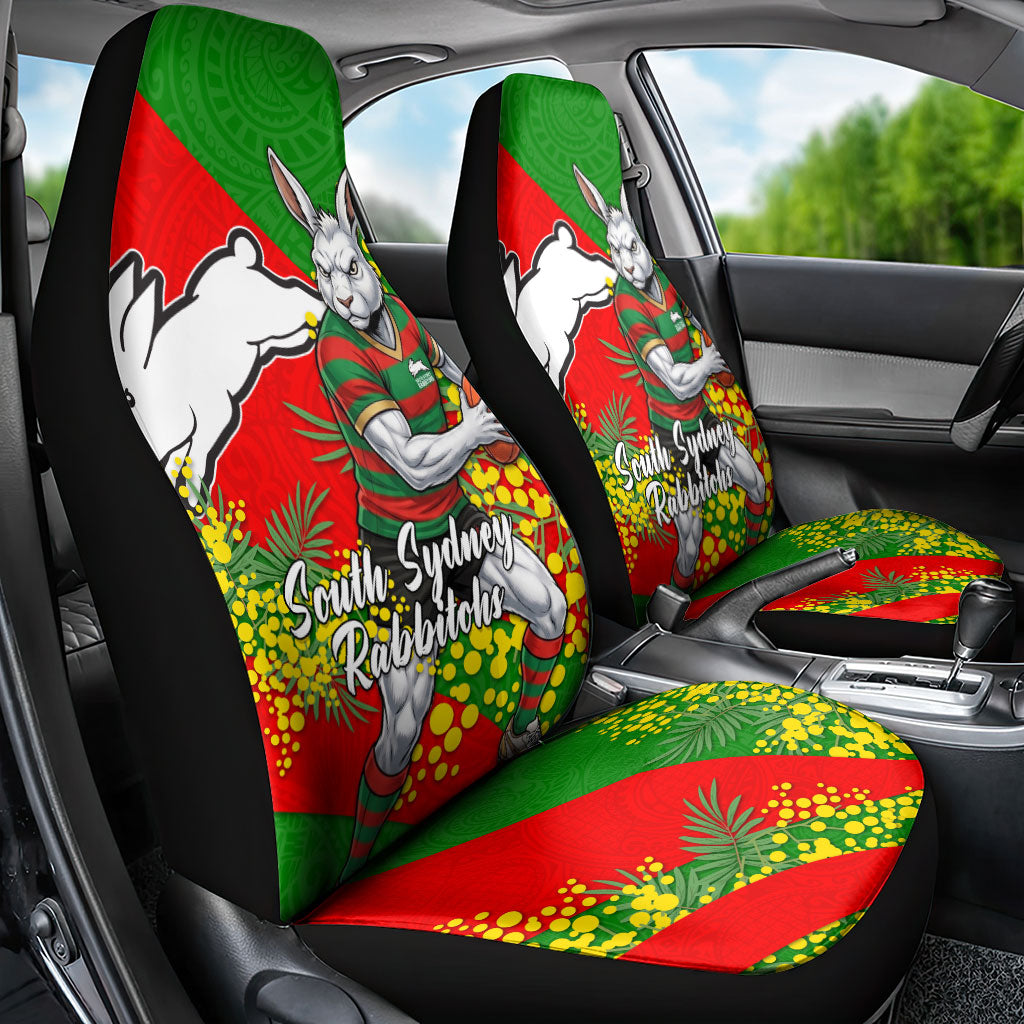 South Sydney Rabbitohs Car Seat Cover Golden Wattle Floral Polynesian - Australian Flower - Rugby Mascot