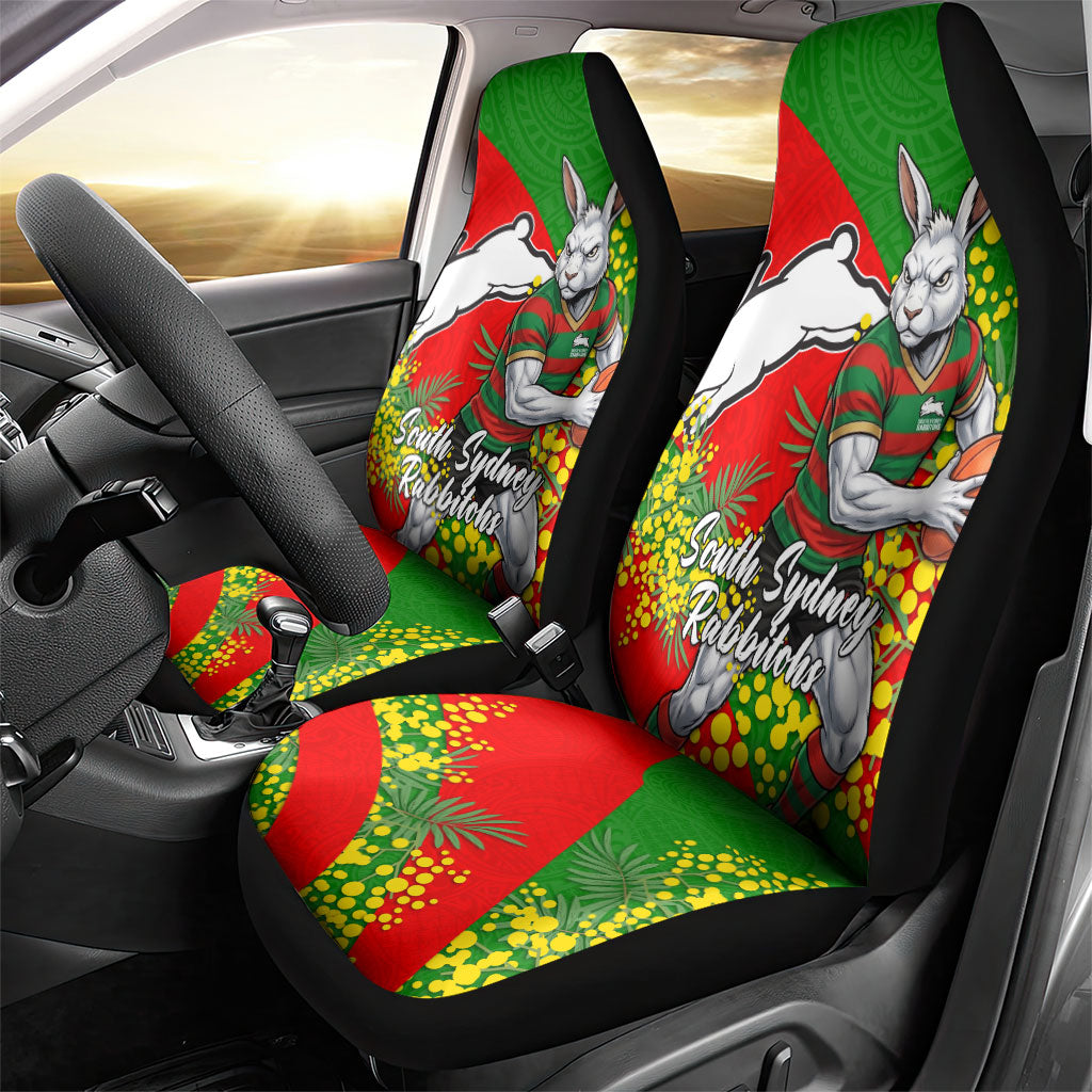 South Sydney Rabbitohs Car Seat Cover Golden Wattle Floral Polynesian - Australian Flower - Rugby Mascot