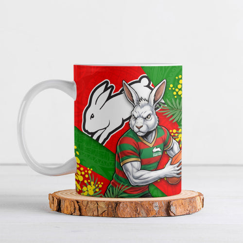 South Sydney Rabbitohs Ceramic Mug Golden Wattle Floral Polynesian - Australian Flower - Rugby Mascot