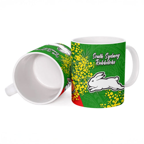 South Sydney Rabbitohs Ceramic Mug Golden Wattle Floral Polynesian - Australian Flower - Rugby Mascot