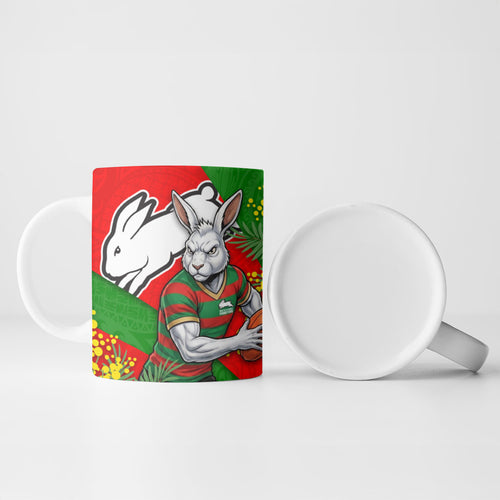 South Sydney Rabbitohs Ceramic Mug Golden Wattle Floral Polynesian - Australian Flower - Rugby Mascot