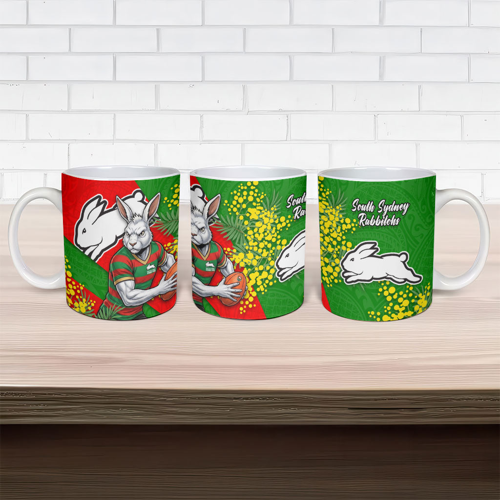 South Sydney Rabbitohs Ceramic Mug Golden Wattle Floral Polynesian - Australian Flower - Rugby Mascot