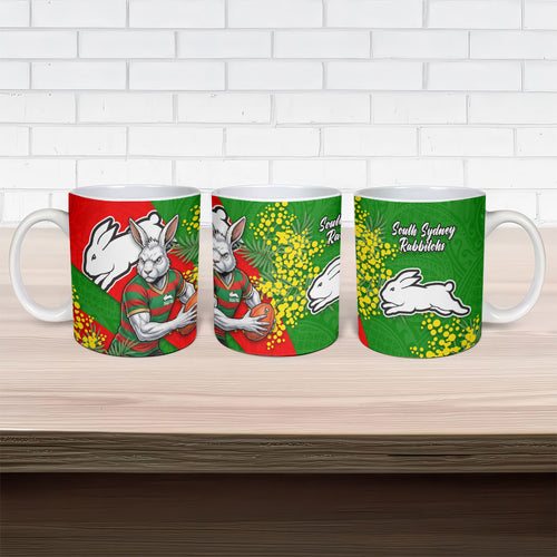 South Sydney Rabbitohs Ceramic Mug Golden Wattle Floral Polynesian - Australian Flower - Rugby Mascot