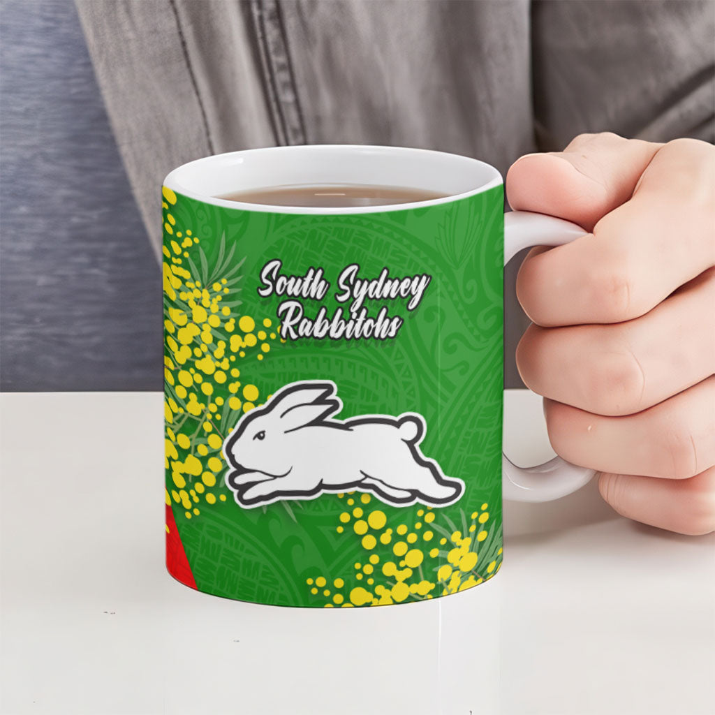 South Sydney Rabbitohs Ceramic Mug Golden Wattle Floral Polynesian - Australian Flower - Rugby Mascot