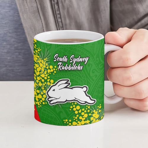 South Sydney Rabbitohs Ceramic Mug Golden Wattle Floral Polynesian - Australian Flower - Rugby Mascot