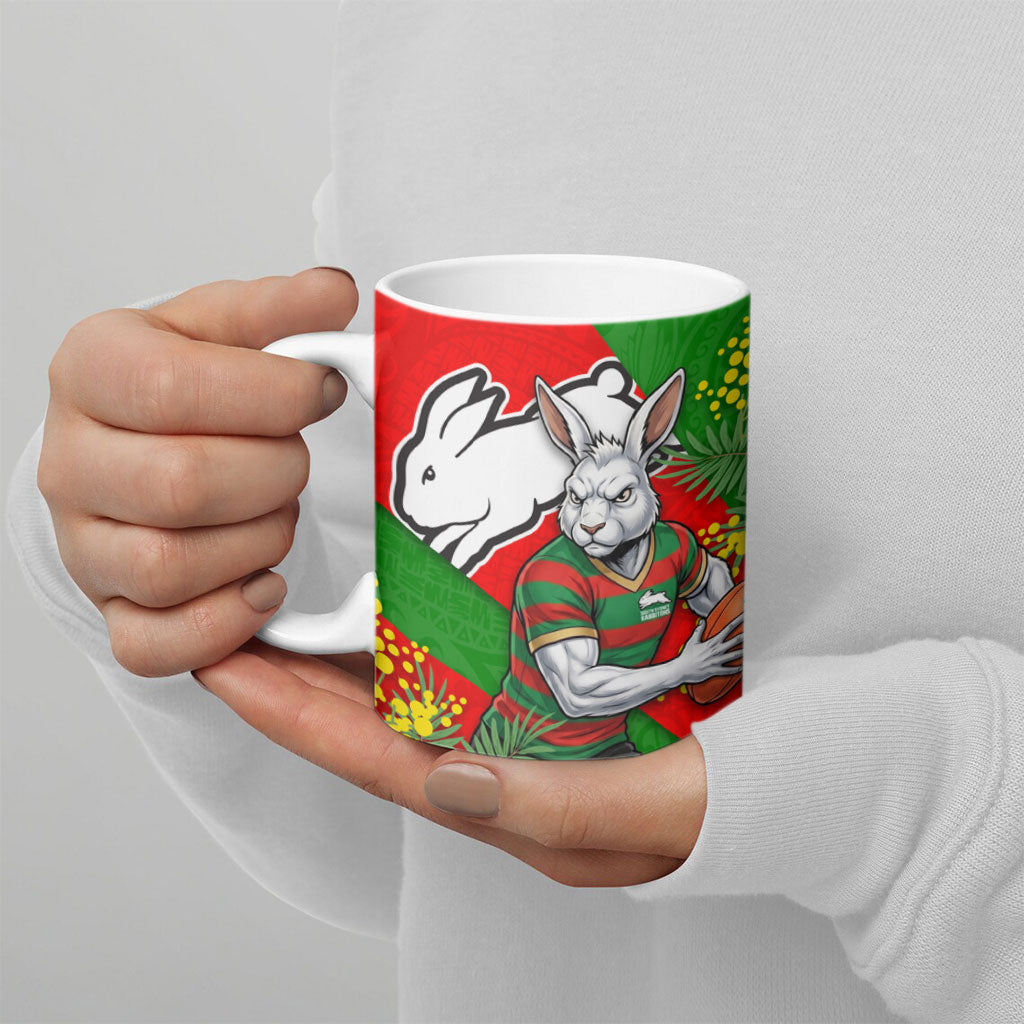 South Sydney Rabbitohs Ceramic Mug Golden Wattle Floral Polynesian - Australian Flower - Rugby Mascot