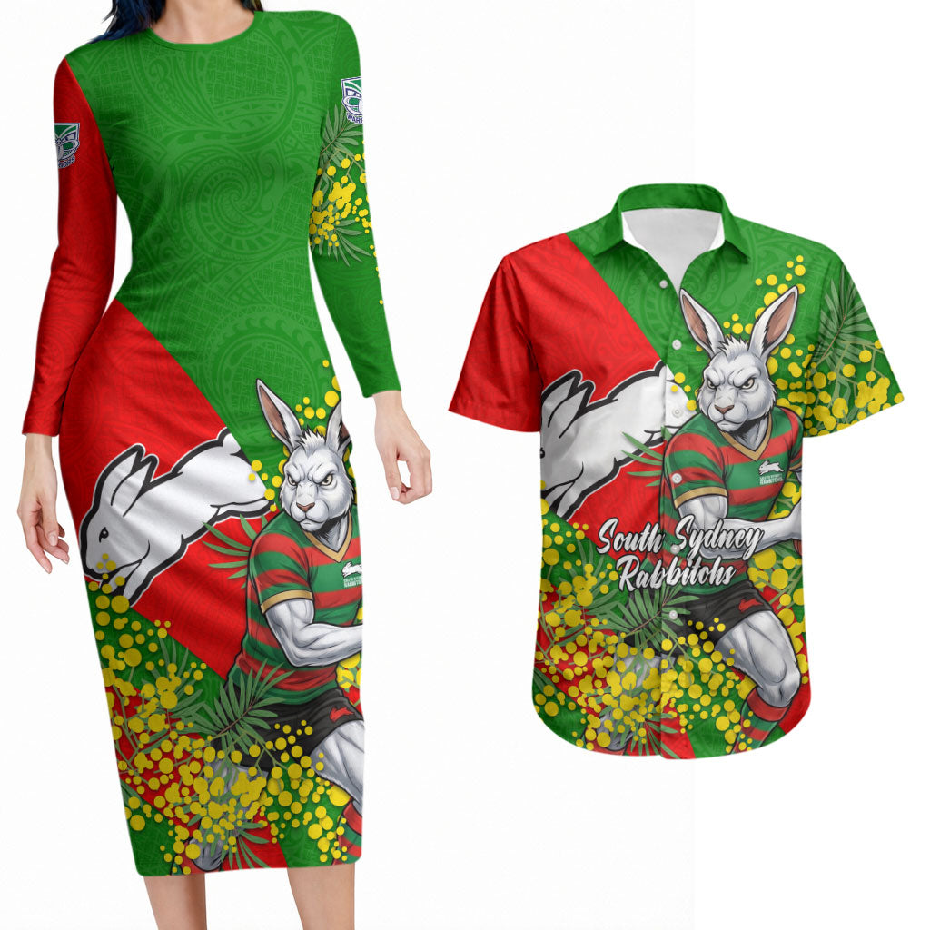 South Sydney Rabbitohs Couples Matching Long Sleeve Bodycon Dress and Hawaiian Shirt Golden Wattle Floral Polynesian - Australian Flower - Rugby Mascot