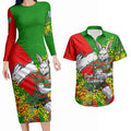 South Sydney Rabbitohs Couples Matching Long Sleeve Bodycon Dress and Hawaiian Shirt Golden Wattle Floral Polynesian - Australian Flower - Rugby Mascot