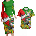 South Sydney Rabbitohs Couples Matching Long Sleeve Bodycon Dress and Hawaiian Shirt Golden Wattle Floral Polynesian - Australian Flower - Rugby Mascot