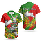 South Sydney Rabbitohs Couples Matching Long Sleeve Bodycon Dress and Hawaiian Shirt Golden Wattle Floral Polynesian - Australian Flower - Rugby Mascot