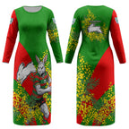 South Sydney Rabbitohs Couples Matching Long Sleeve Bodycon Dress and Hawaiian Shirt Golden Wattle Floral Polynesian - Australian Flower - Rugby Mascot