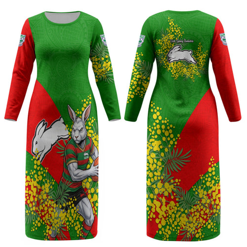 South Sydney Rabbitohs Couples Matching Long Sleeve Bodycon Dress and Hawaiian Shirt Golden Wattle Floral Polynesian - Australian Flower - Rugby Mascot