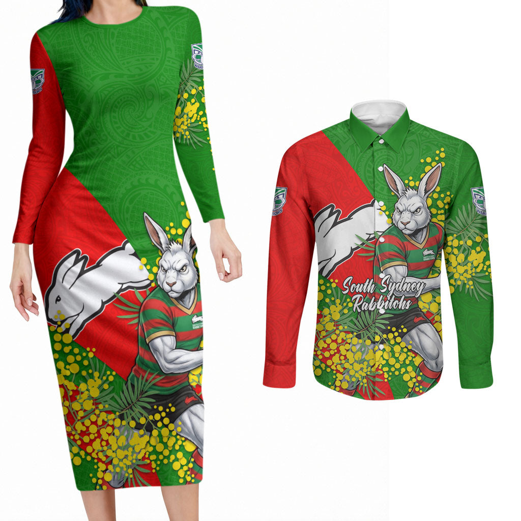 South Sydney Rabbitohs Couples Matching Long Sleeve Bodycon Dress and Long Sleeve Button Shirt Golden Wattle Floral Polynesian - Australian Flower - Rugby Mascot