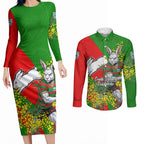 South Sydney Rabbitohs Couples Matching Long Sleeve Bodycon Dress and Long Sleeve Button Shirt Golden Wattle Floral Polynesian - Australian Flower - Rugby Mascot