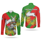 South Sydney Rabbitohs Couples Matching Long Sleeve Bodycon Dress and Long Sleeve Button Shirt Golden Wattle Floral Polynesian - Australian Flower - Rugby Mascot