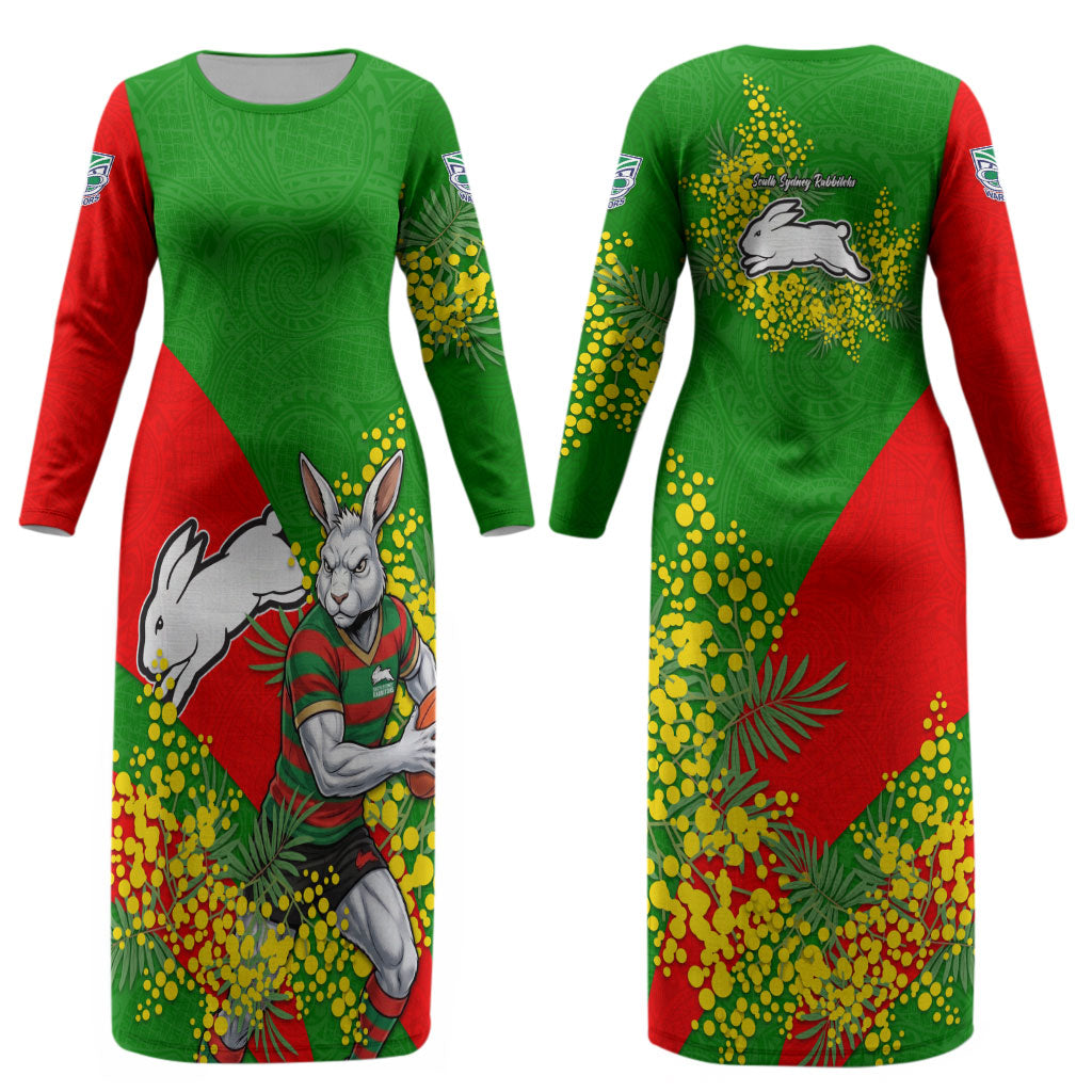 South Sydney Rabbitohs Couples Matching Long Sleeve Bodycon Dress and Long Sleeve Button Shirt Golden Wattle Floral Polynesian - Australian Flower - Rugby Mascot
