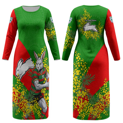 South Sydney Rabbitohs Couples Matching Long Sleeve Bodycon Dress and Long Sleeve Button Shirt Golden Wattle Floral Polynesian - Australian Flower - Rugby Mascot