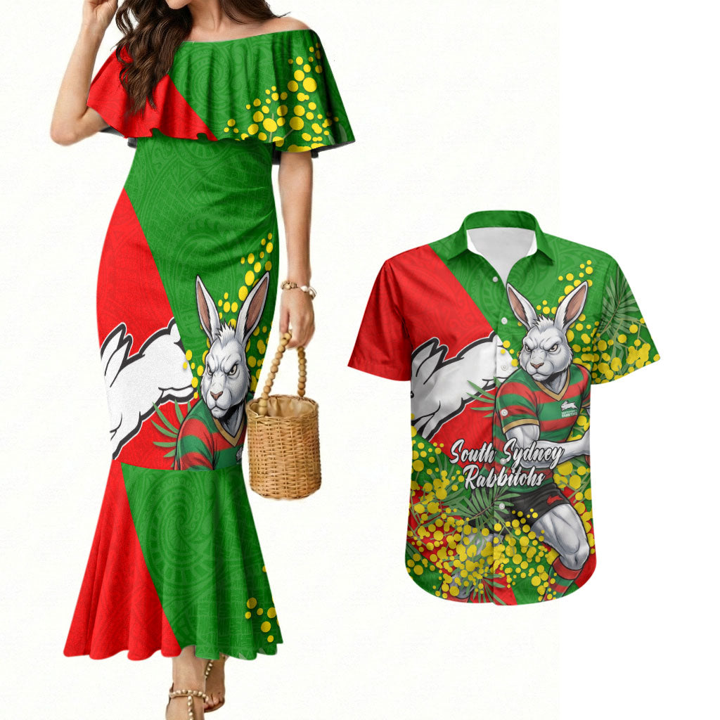 South Sydney Rabbitohs Couples Matching Mermaid Dress and Hawaiian Shirt Golden Wattle Floral Polynesian - Australian Flower - Rugby Mascot