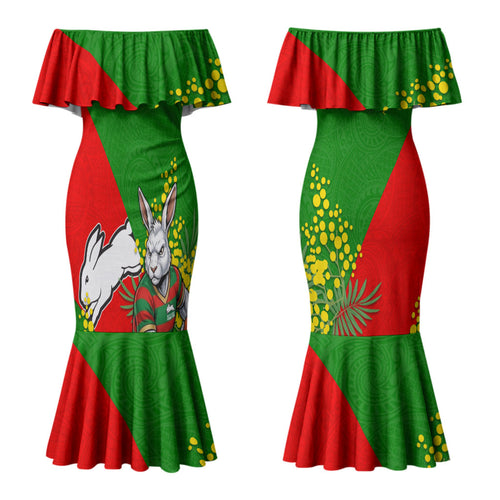 South Sydney Rabbitohs Couples Matching Mermaid Dress and Hawaiian Shirt Golden Wattle Floral Polynesian - Australian Flower - Rugby Mascot