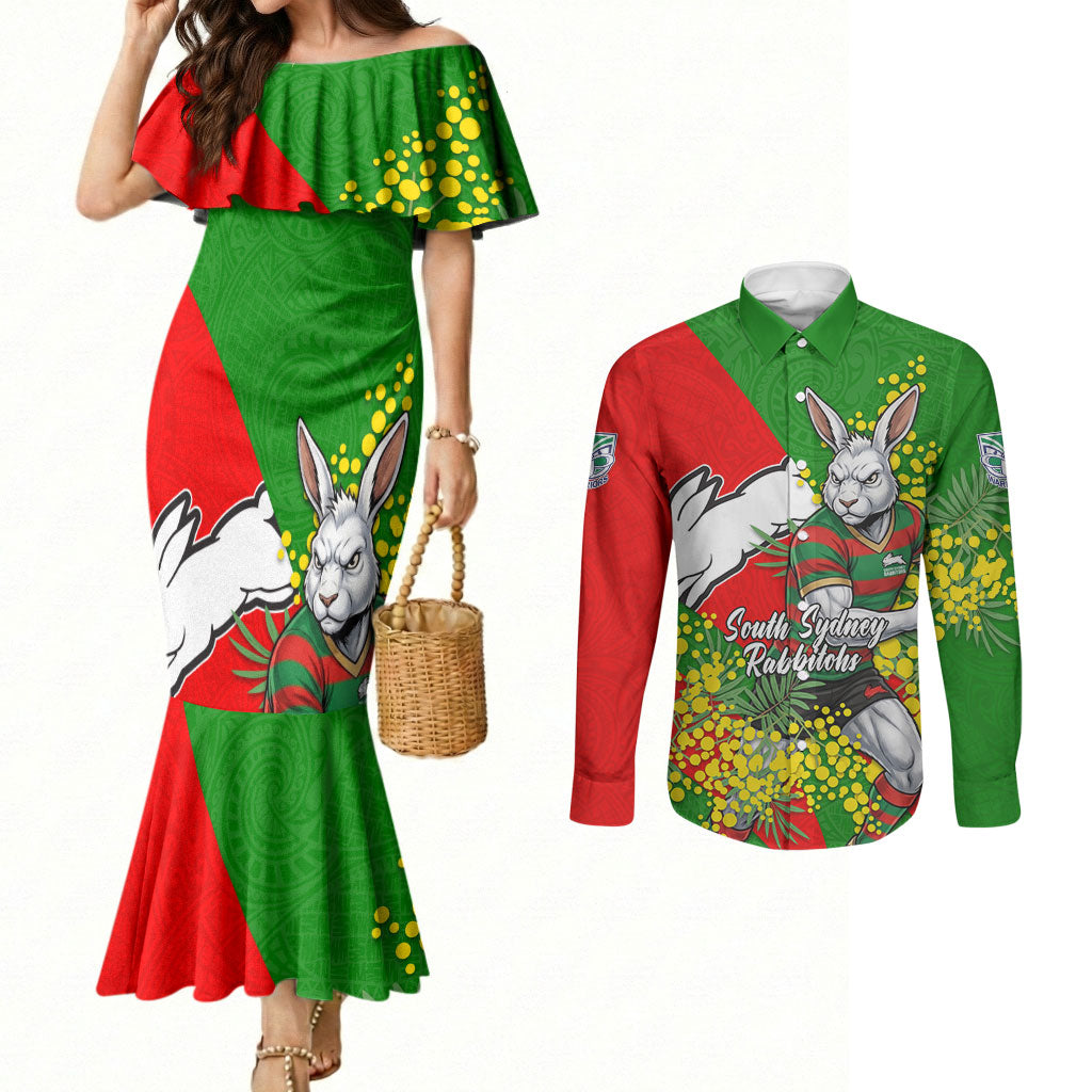 South Sydney Rabbitohs Couples Matching Mermaid Dress and Long Sleeve Button Shirt Golden Wattle Floral Polynesian - Australian Flower - Rugby Mascot