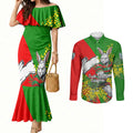 South Sydney Rabbitohs Couples Matching Mermaid Dress and Long Sleeve Button Shirt Golden Wattle Floral Polynesian - Australian Flower - Rugby Mascot