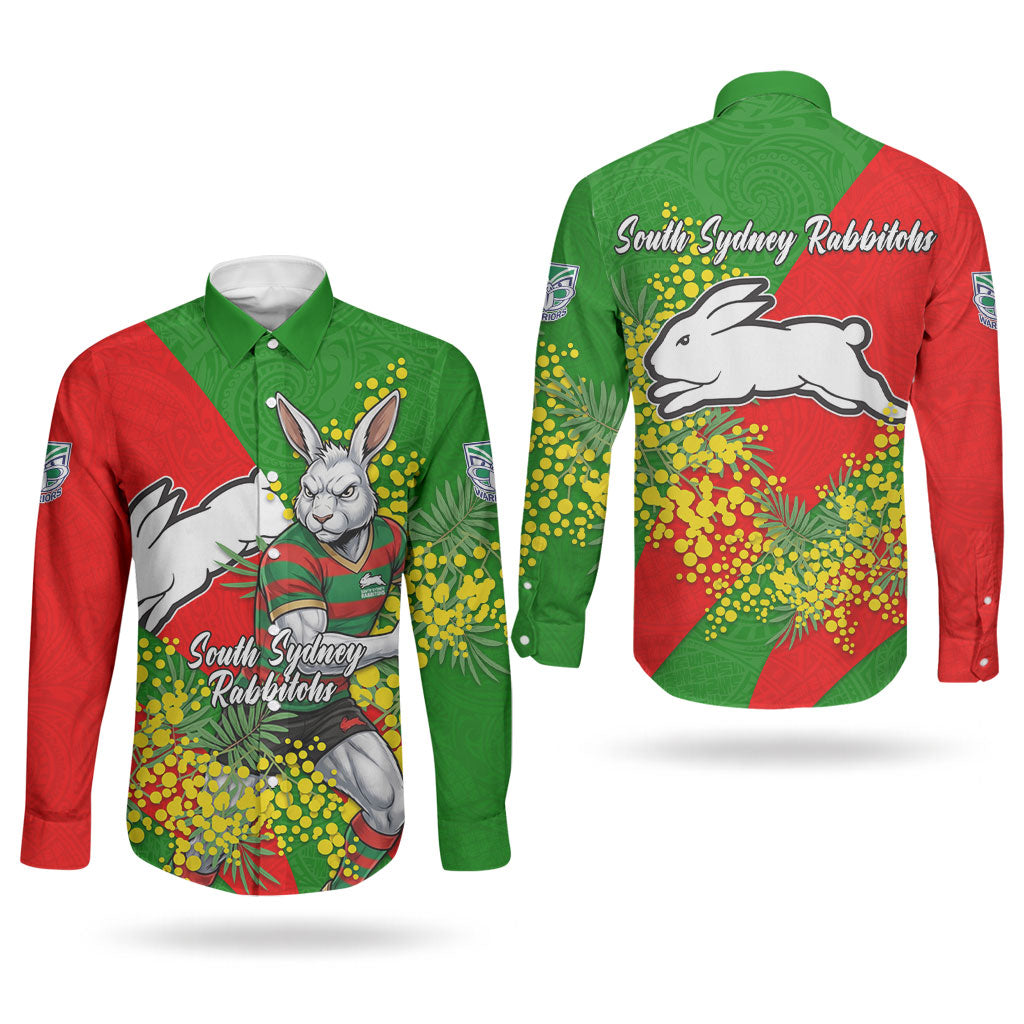 South Sydney Rabbitohs Couples Matching Mermaid Dress and Long Sleeve Button Shirt Golden Wattle Floral Polynesian - Australian Flower - Rugby Mascot