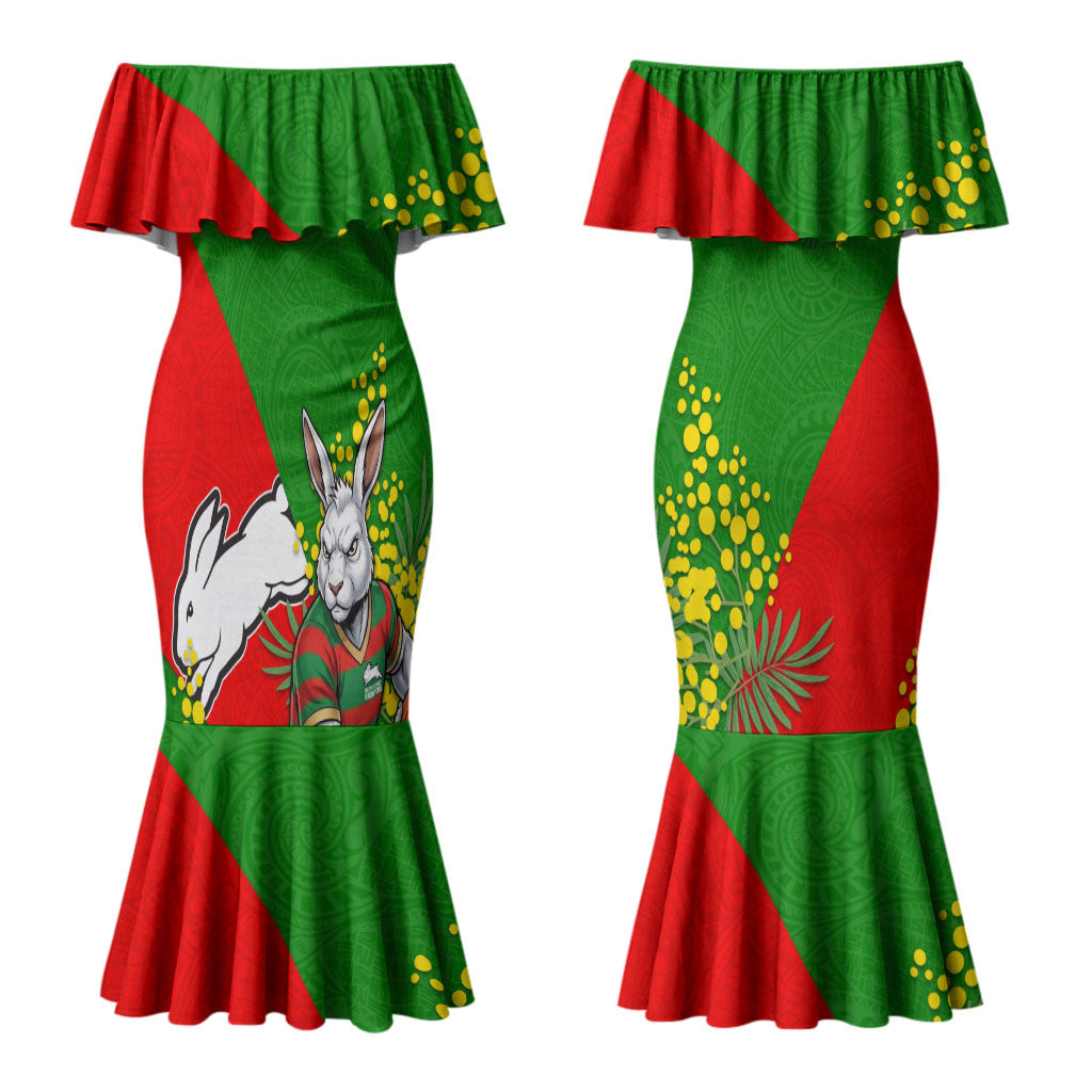 South Sydney Rabbitohs Couples Matching Mermaid Dress and Long Sleeve Button Shirt Golden Wattle Floral Polynesian - Australian Flower - Rugby Mascot
