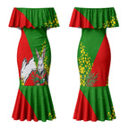South Sydney Rabbitohs Couples Matching Mermaid Dress and Long Sleeve Button Shirt Golden Wattle Floral Polynesian - Australian Flower - Rugby Mascot