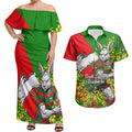 South Sydney Rabbitohs Couples Matching Off Shoulder Maxi Dress and Hawaiian Shirt Golden Wattle Floral Polynesian - Australian Flower - Rugby Mascot