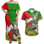 South Sydney Rabbitohs Couples Matching Off Shoulder Maxi Dress and Hawaiian Shirt Golden Wattle Floral Polynesian - Australian Flower - Rugby Mascot