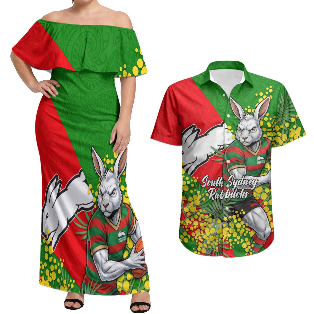 South Sydney Rabbitohs Couples Matching Off Shoulder Maxi Dress and Hawaiian Shirt Golden Wattle Floral Polynesian - Australian Flower - Rugby Mascot