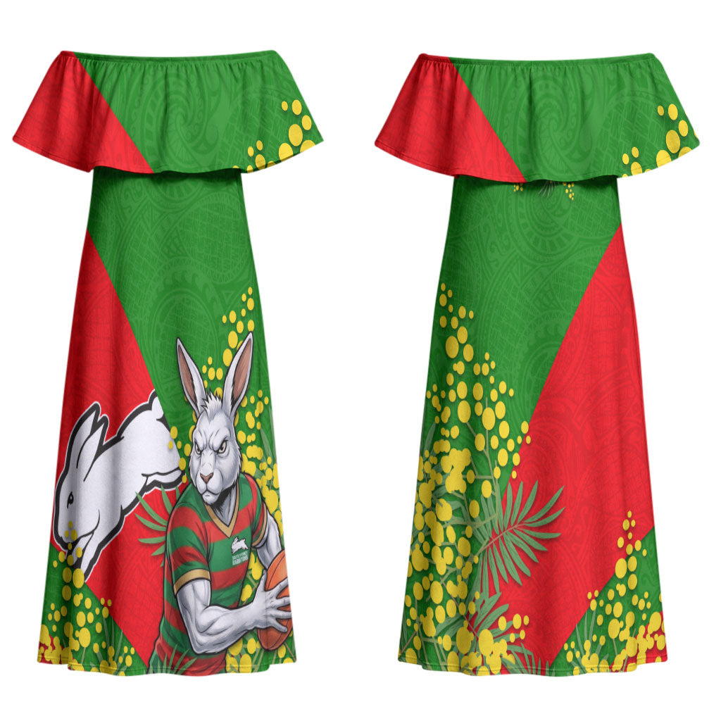 South Sydney Rabbitohs Couples Matching Off Shoulder Maxi Dress and Hawaiian Shirt Golden Wattle Floral Polynesian - Australian Flower - Rugby Mascot