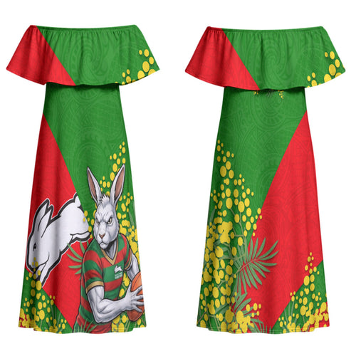South Sydney Rabbitohs Couples Matching Off Shoulder Maxi Dress and Hawaiian Shirt Golden Wattle Floral Polynesian - Australian Flower - Rugby Mascot