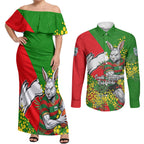 South Sydney Rabbitohs Couples Matching Off Shoulder Maxi Dress and Long Sleeve Button Shirt Golden Wattle Floral Polynesian - Australian Flower - Rugby Mascot