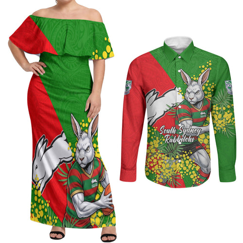 South Sydney Rabbitohs Couples Matching Off Shoulder Maxi Dress and Long Sleeve Button Shirt Golden Wattle Floral Polynesian - Australian Flower - Rugby Mascot