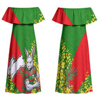 South Sydney Rabbitohs Couples Matching Off Shoulder Maxi Dress and Long Sleeve Button Shirt Golden Wattle Floral Polynesian - Australian Flower - Rugby Mascot