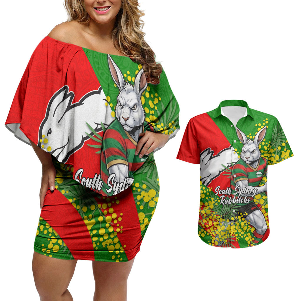 South Sydney Rabbitohs Couples Matching Off Shoulder Short Dress and Hawaiian Shirt Golden Wattle Floral Polynesian - Australian Flower - Rugby Mascot