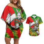 South Sydney Rabbitohs Couples Matching Off Shoulder Short Dress and Hawaiian Shirt Golden Wattle Floral Polynesian - Australian Flower - Rugby Mascot